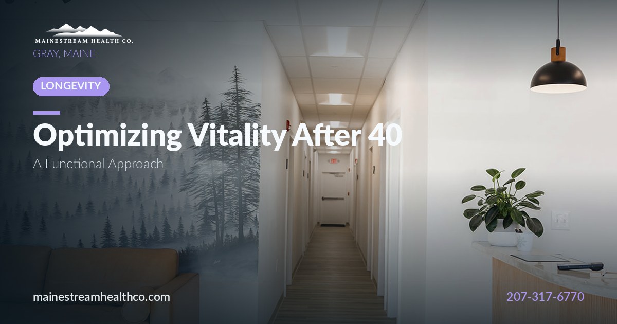 Sunlit clinic hallway with wood reception desk and a forest mural